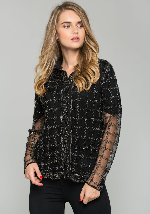 Black and Silver Embroidered Long Sleeved Top - ownthelooks-Development