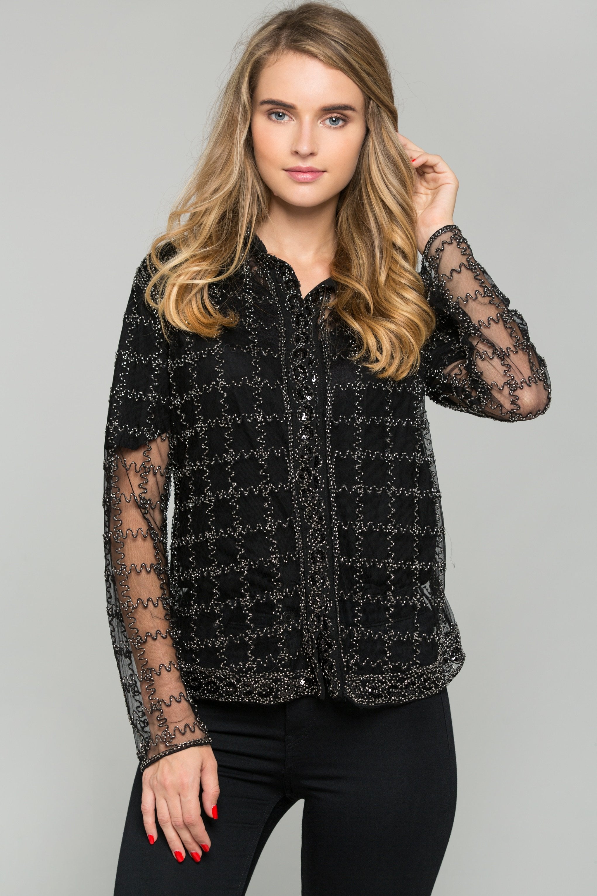 Black and Silver Embroidered Long Sleeved Top - ownthelooks-Development
