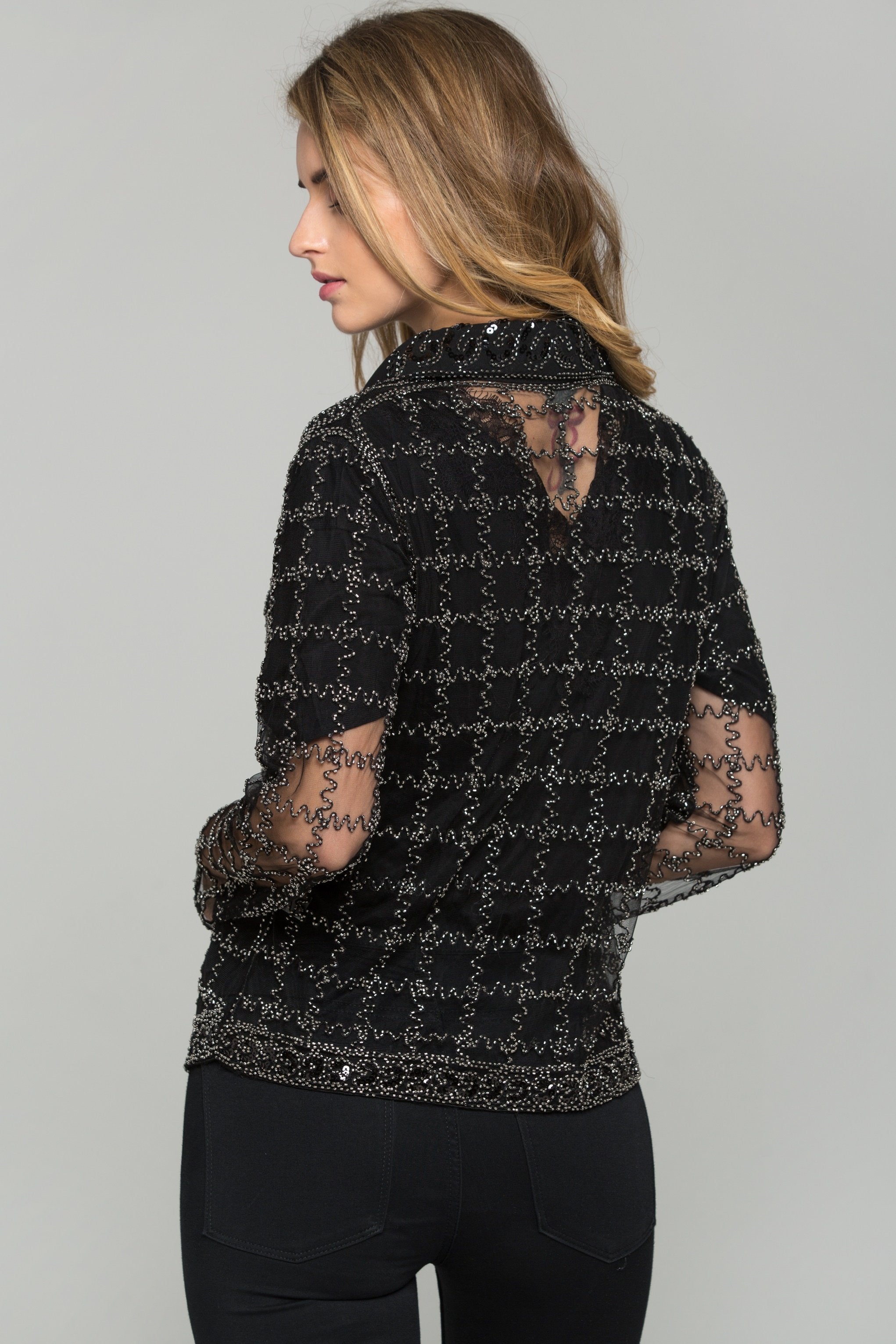Black and Silver Embroidered Long Sleeved Top - ownthelooks-Development