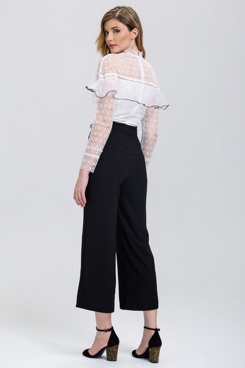 Black and White Heavy Lace Long Sleeves Palazzo Jumpsuit - ownthelooks-Development