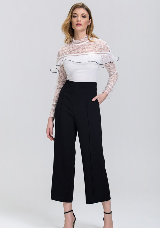 Black and White Heavy Lace Long Sleeves Palazzo Jumpsuit - ownthelooks-Development