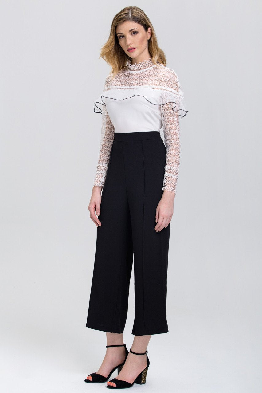 Black and White Heavy Lace Long Sleeves Palazzo Jumpsuit - ownthelooks-Development