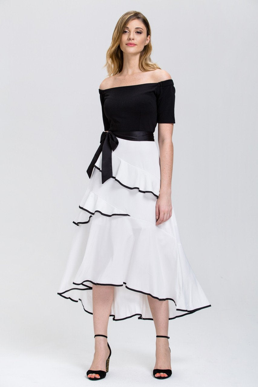 Mina Al Sheikhly - Black and White off the shoulder Tiered Ruffle Skirt Midi Dress - ownthelooks-Development