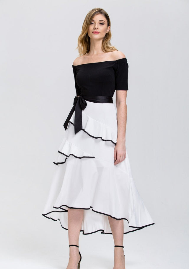Mina Al Sheikhly - Black and White off the shoulder Tiered Ruffle Skirt Midi Dress - ownthelooks-Development