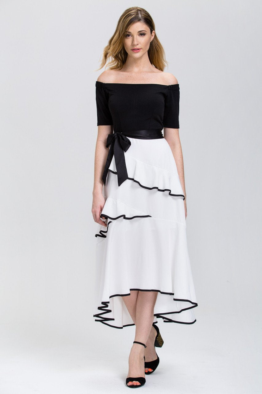 Mina Al Sheikhly - Black and White off the shoulder Tiered Ruffle Skirt Midi Dress - ownthelooks-Development