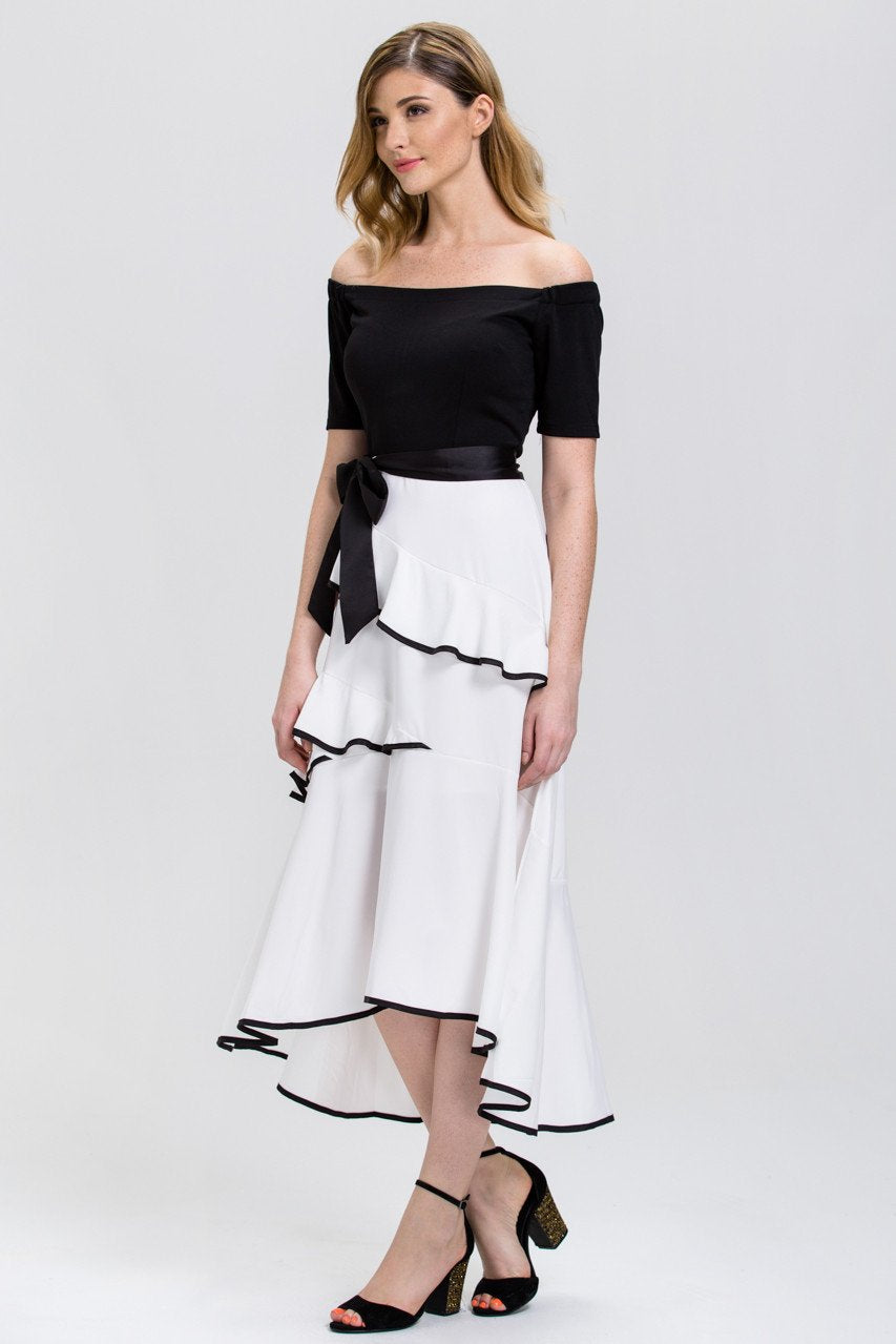 Mina Al Sheikhly - Black and White off the shoulder Tiered Ruffle Skirt Midi Dress - ownthelooks-Development