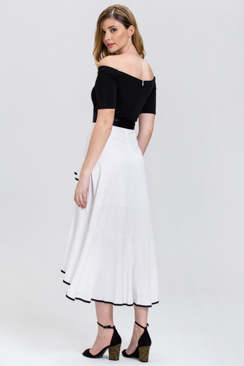 Mina Al Sheikhly - Black and White off the shoulder Tiered Ruffle Skirt Midi Dress - ownthelooks-Development