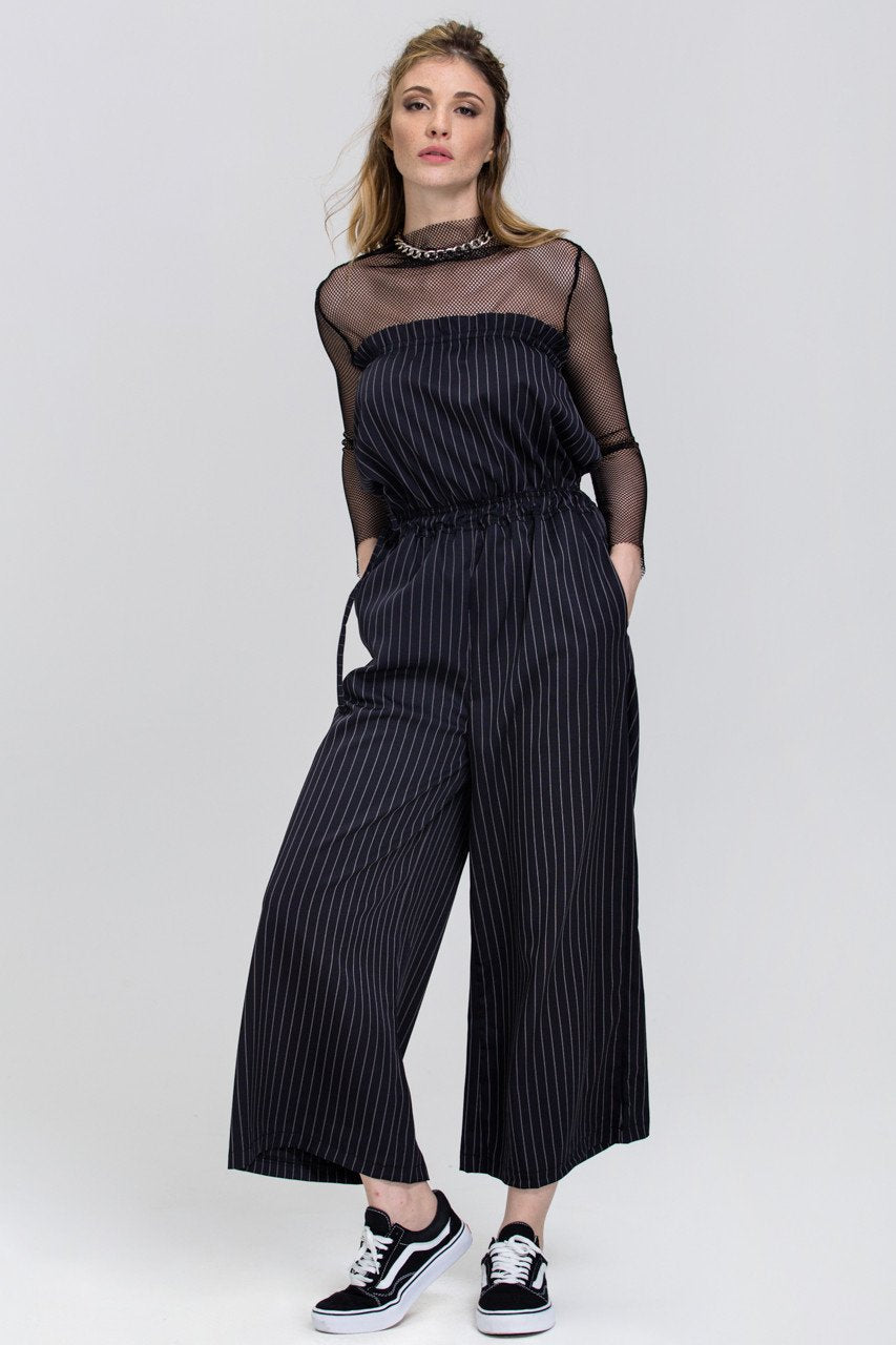 Black Pin Stripe Strapless Palazzo Jumpsuit - ownthelooks-Development