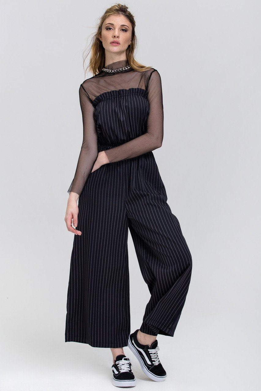 Black Pin Stripe Strapless Palazzo Jumpsuit - ownthelooks-Development