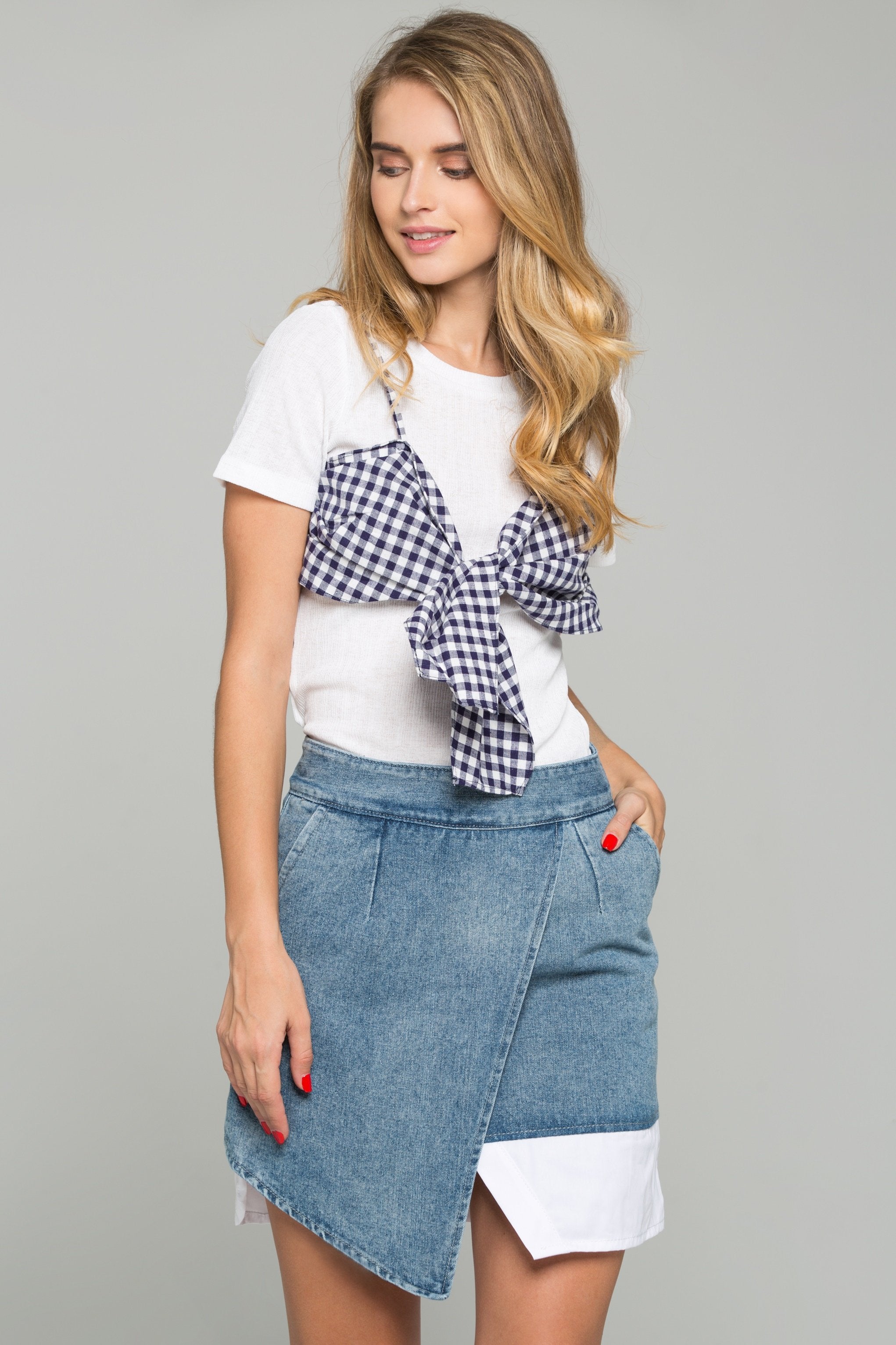 Blue Gingham Bralette Over White Crepe Crop Top - ownthelooks-Development