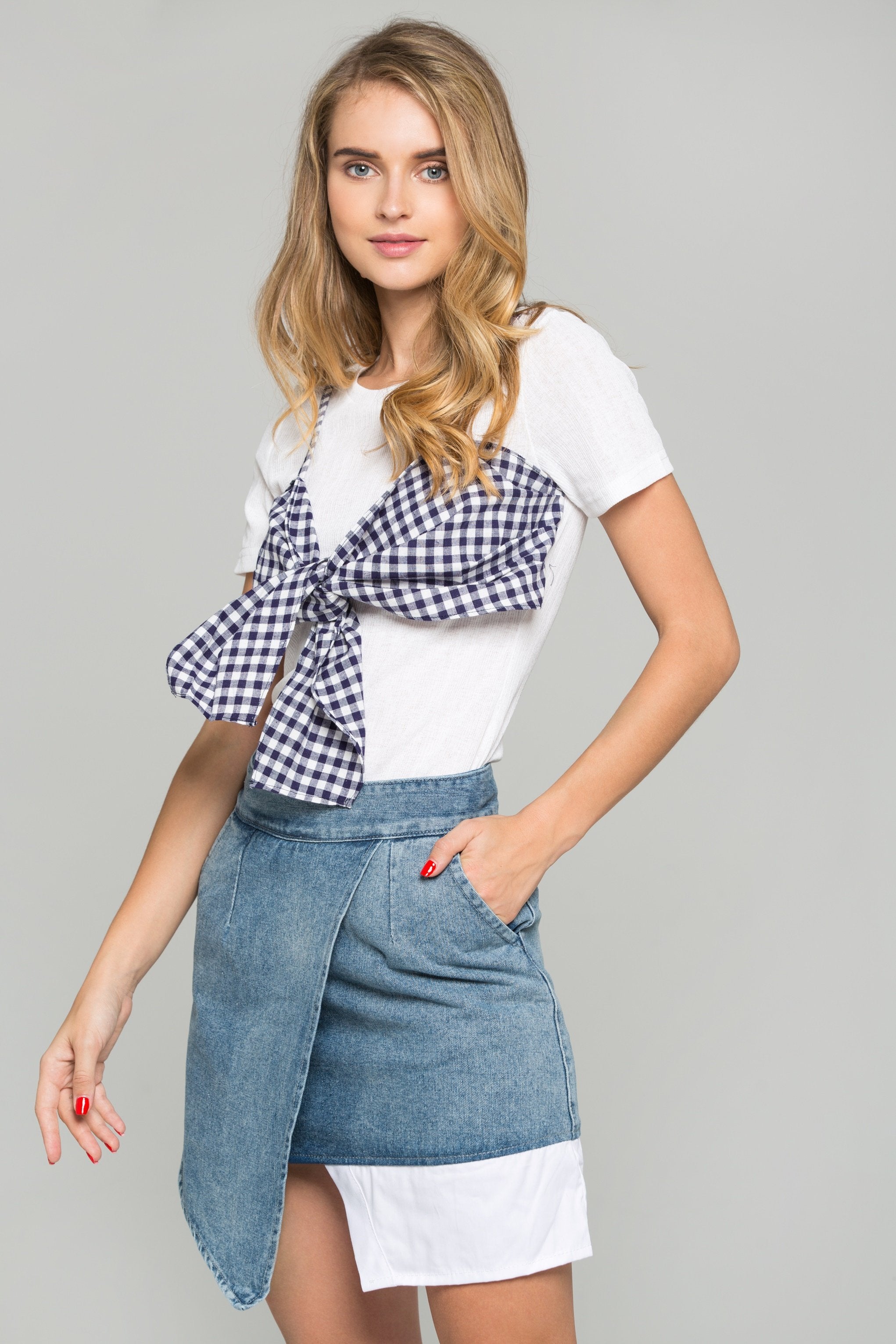 Blue Gingham Bralette Over White Crepe Crop Top - ownthelooks-Development