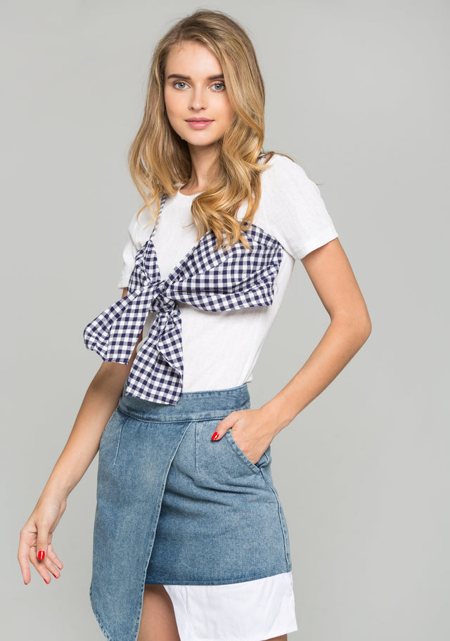 Blue Gingham Bralette Over White Crepe Crop Top - ownthelooks-Development