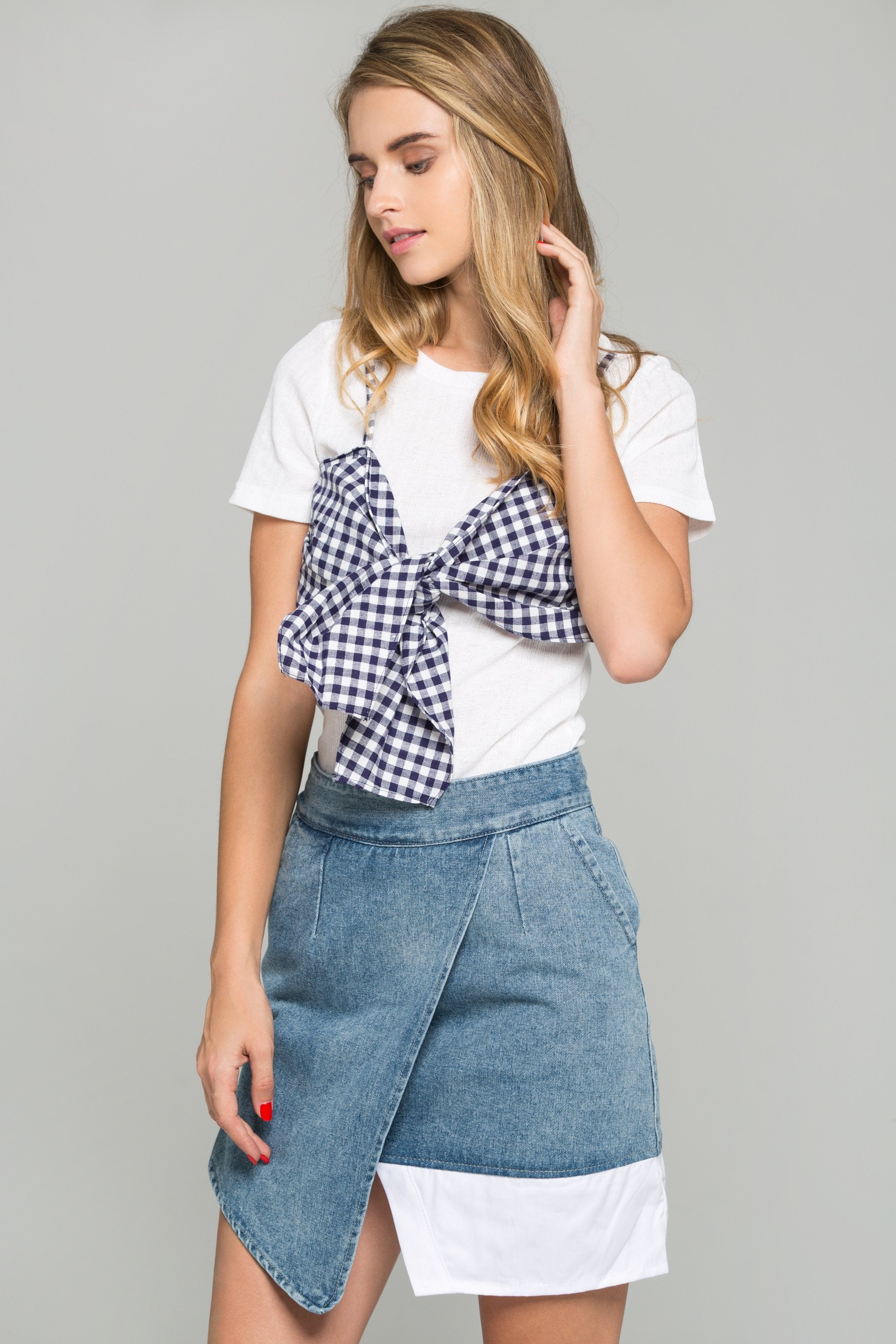 Blue Gingham Bralette Over White Crepe Crop Top - ownthelooks-Development