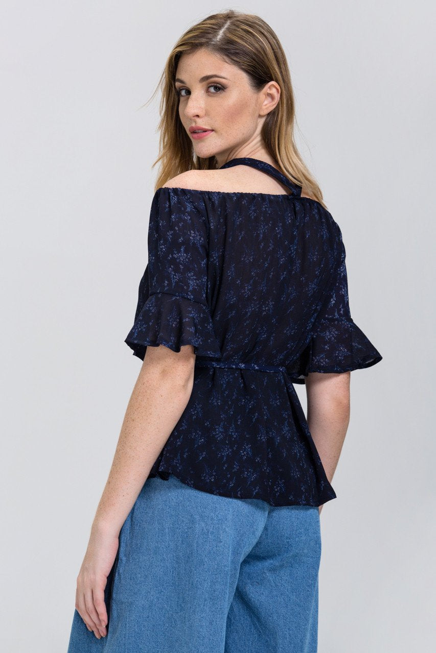 Blue Mini Flower Print cold shoulder Top - ownthelooks-Development