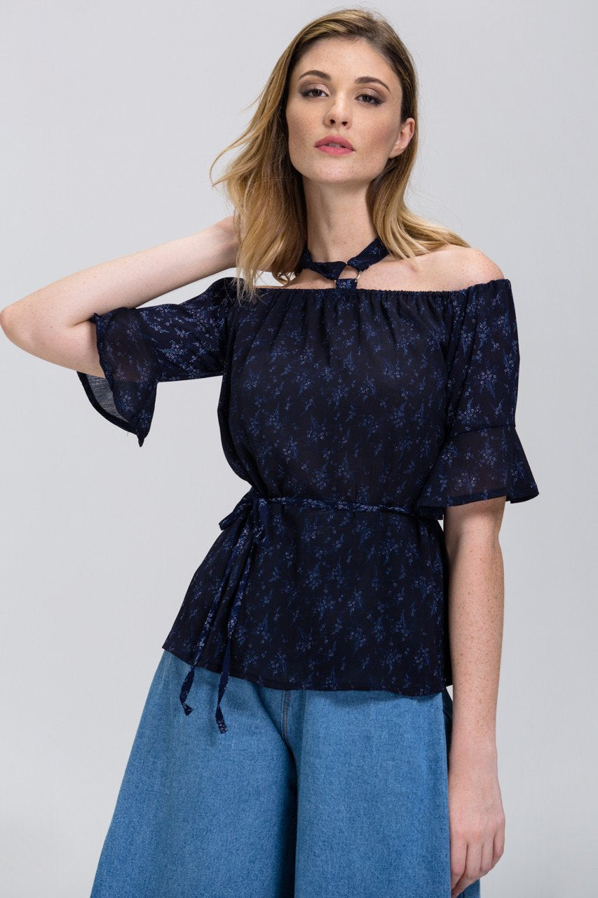 Blue Mini Flower Print cold shoulder Top - ownthelooks-Development