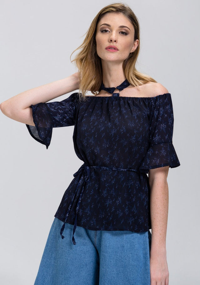 Blue Mini Flower Print cold shoulder Top - ownthelooks-Development