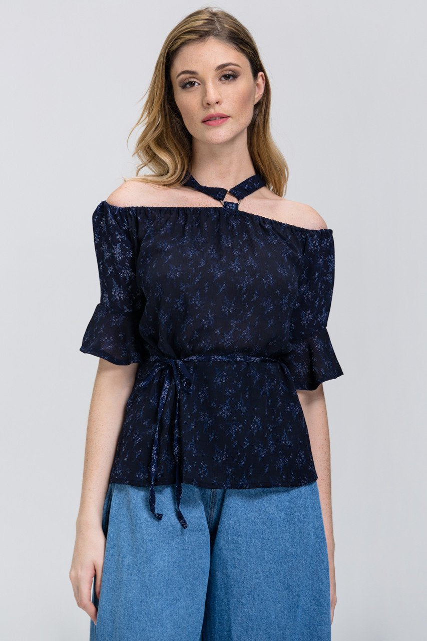 Blue Mini Flower Print cold shoulder Top - ownthelooks-Development