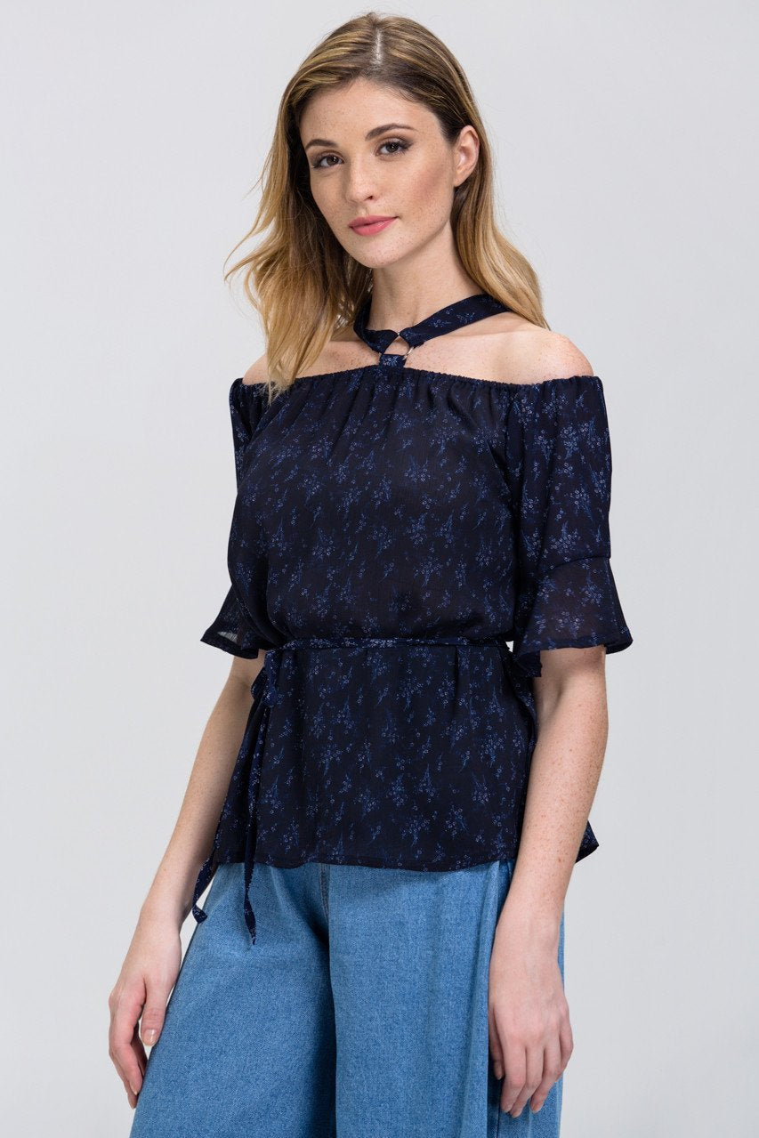 Blue Mini Flower Print cold shoulder Top - ownthelooks-Development