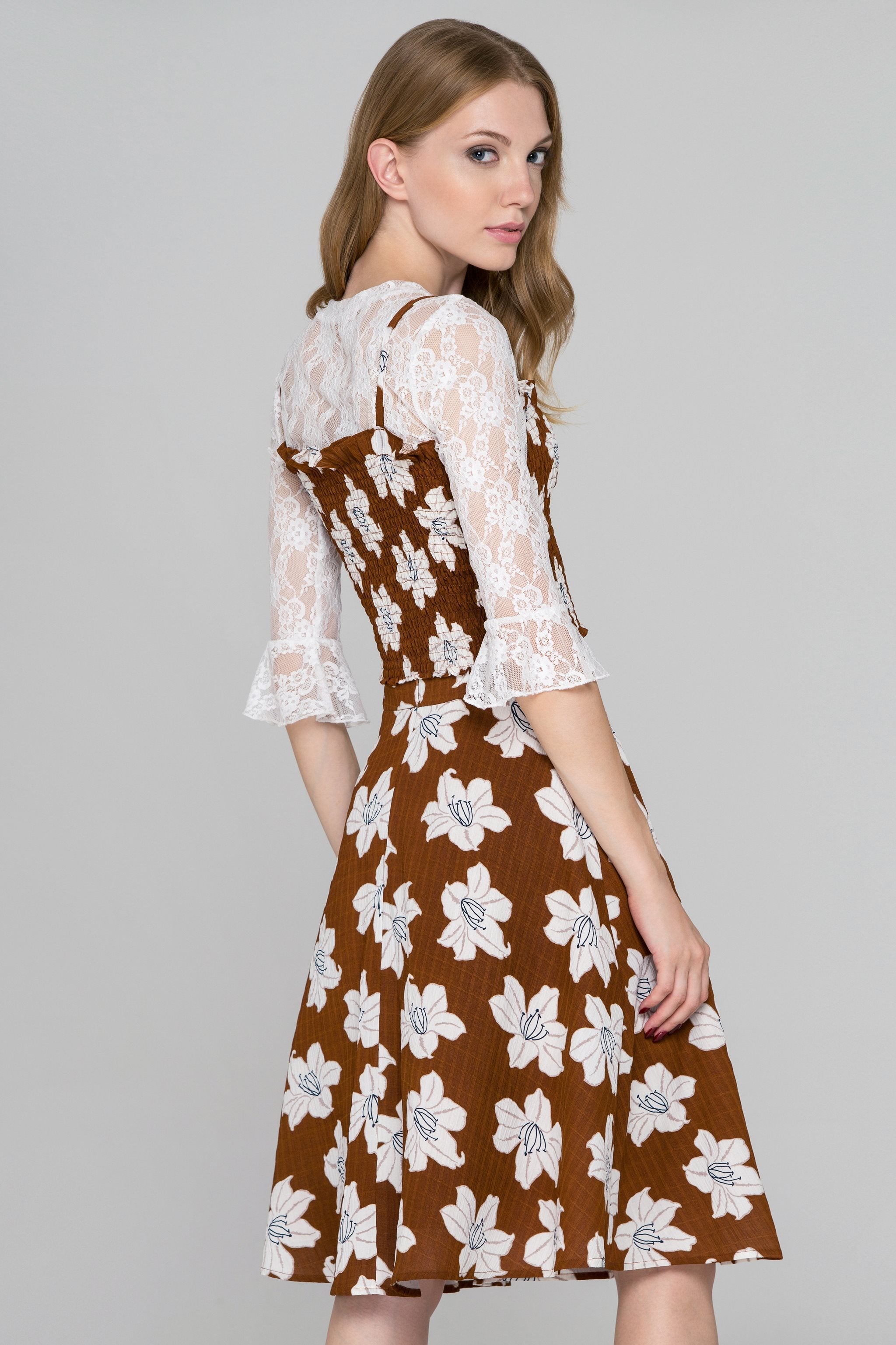 Brown Flower Print Three Piece Midi Dress - ownthelooks-Development