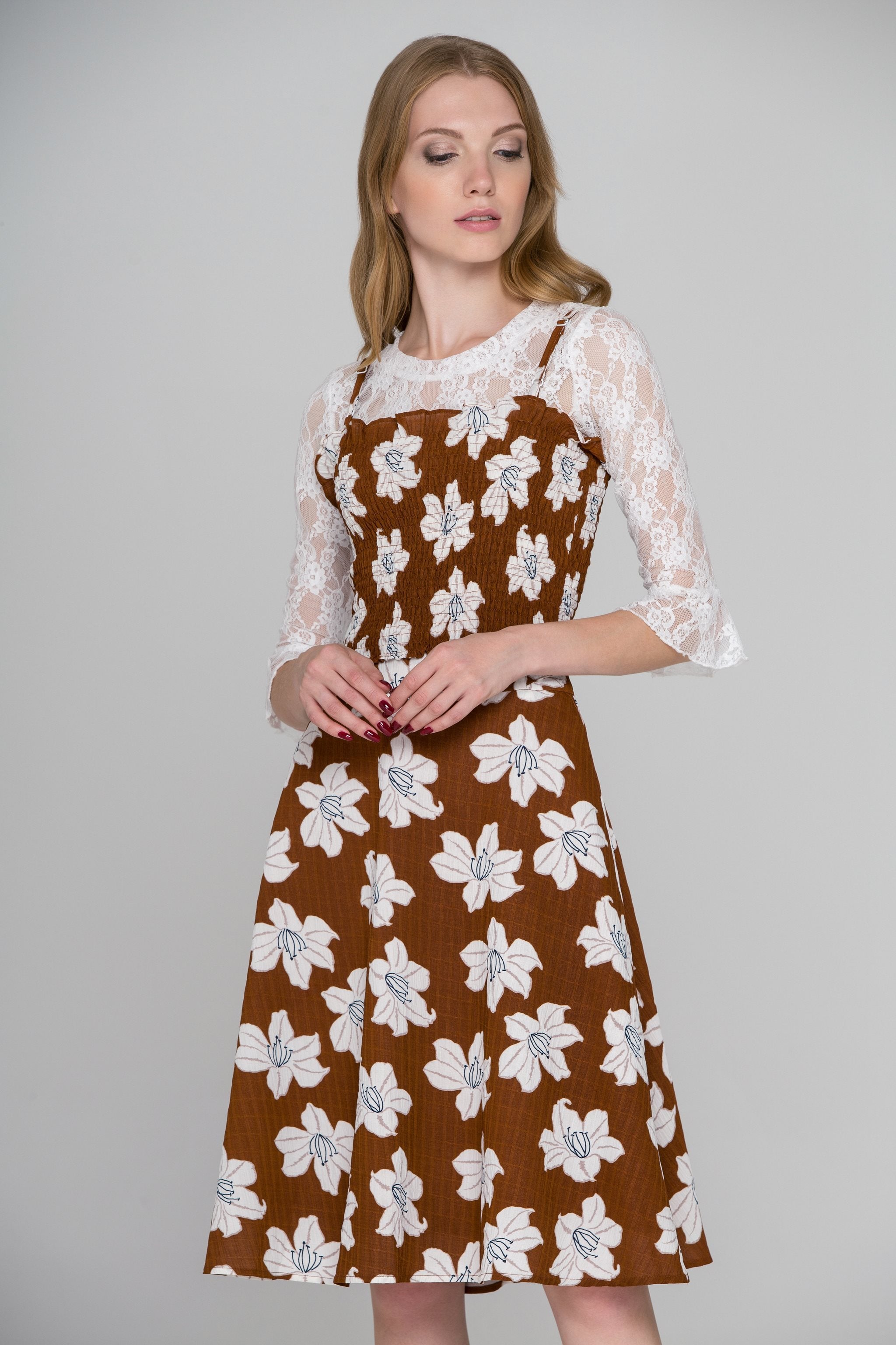 Brown Flower Print Three Piece Midi Dress - ownthelooks-Development