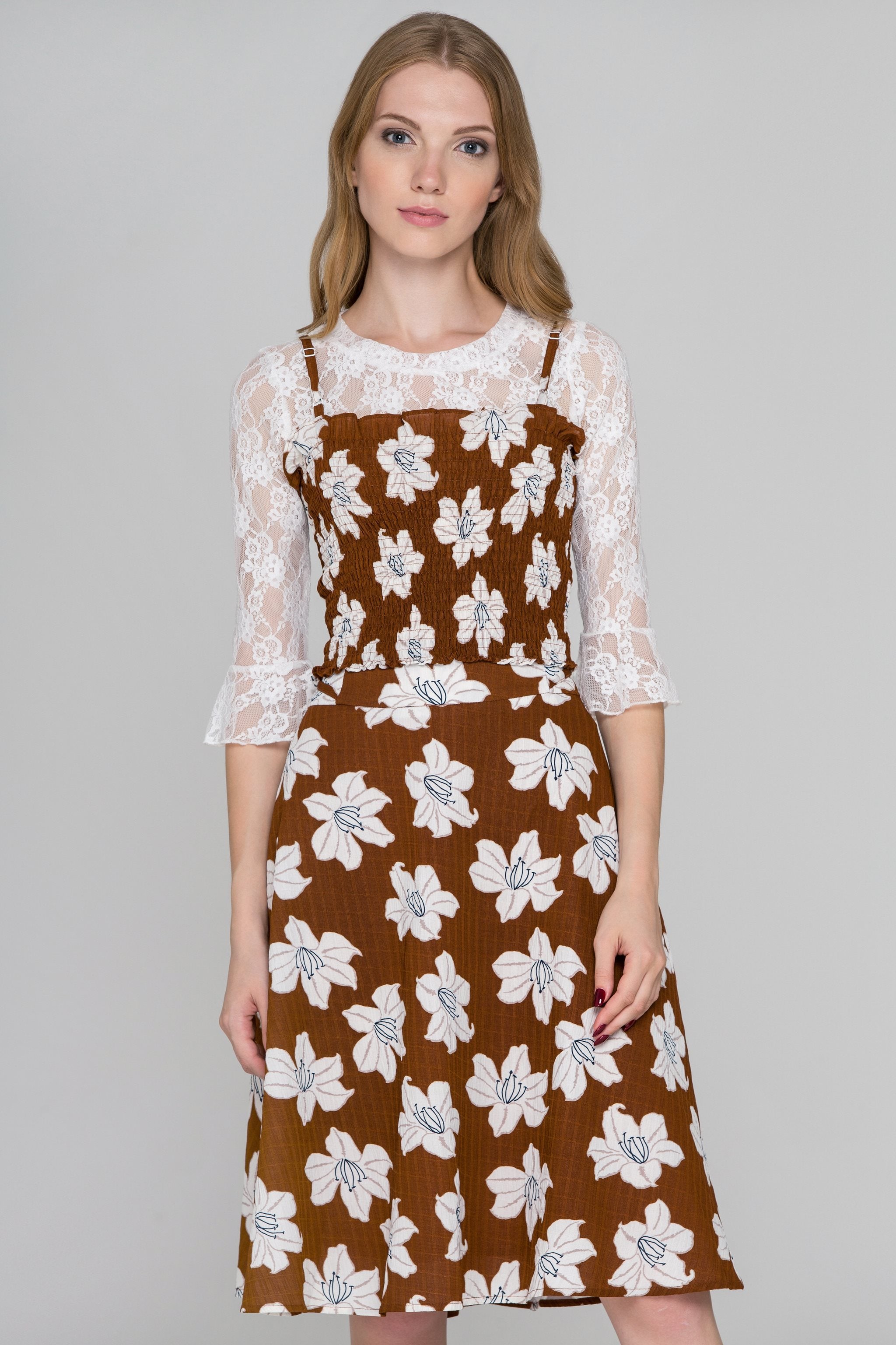 Brown Flower Print Three Piece Midi Dress - ownthelooks-Development