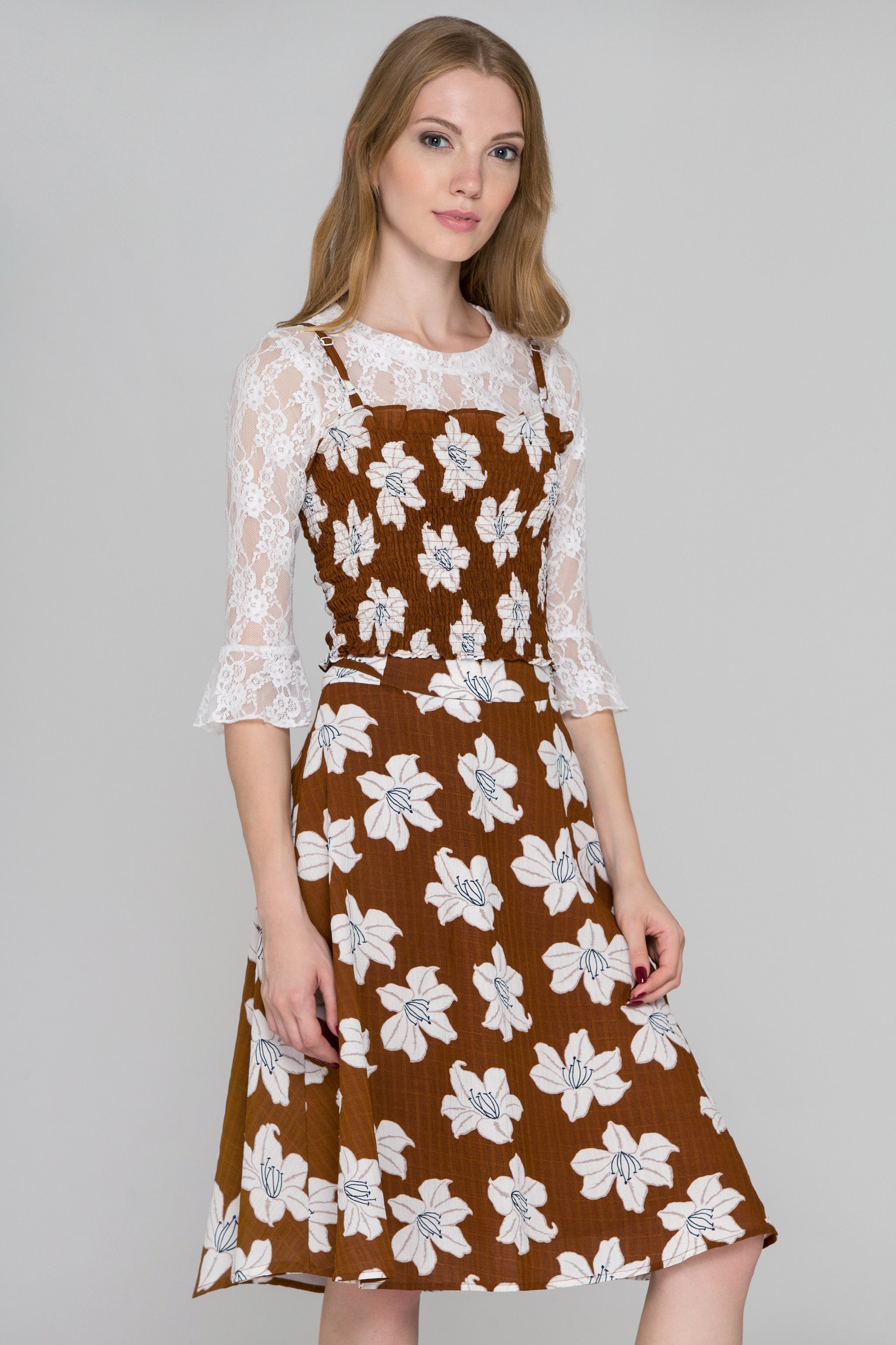 Brown Flower Print Three Piece Midi Dress - ownthelooks-Development