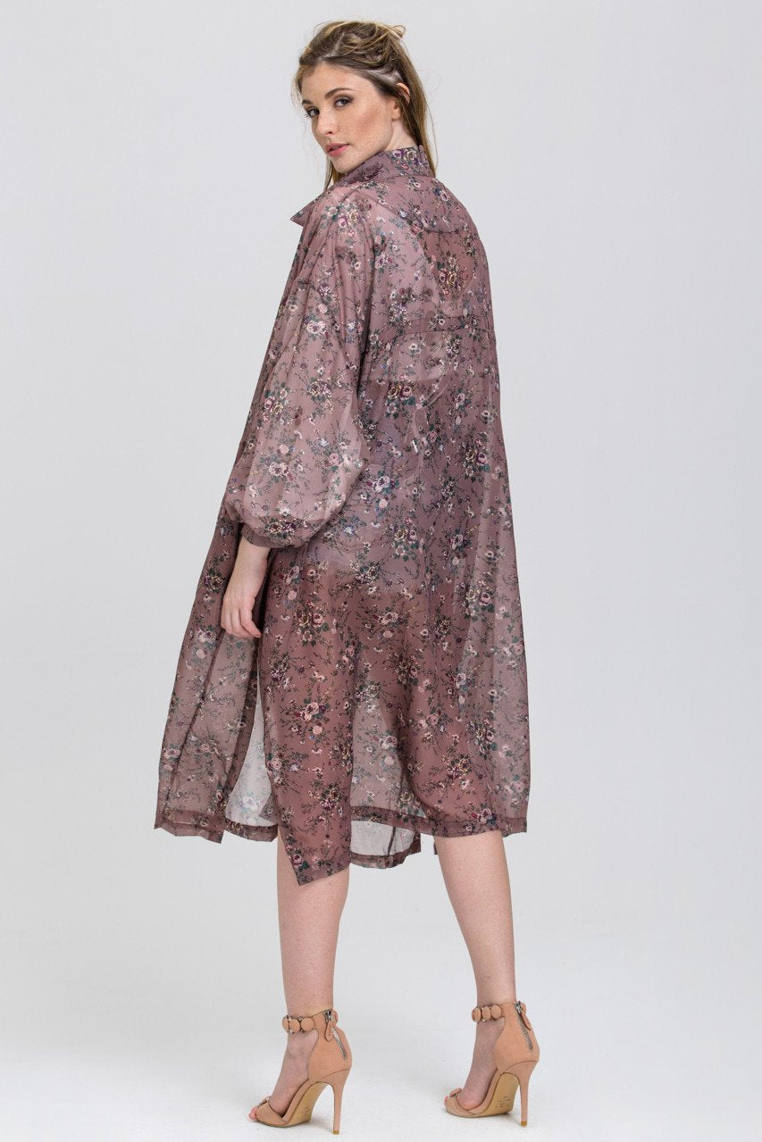 Brown Vintage Floral Print Sheer Shirt Robe Top - ownthelooks-Development