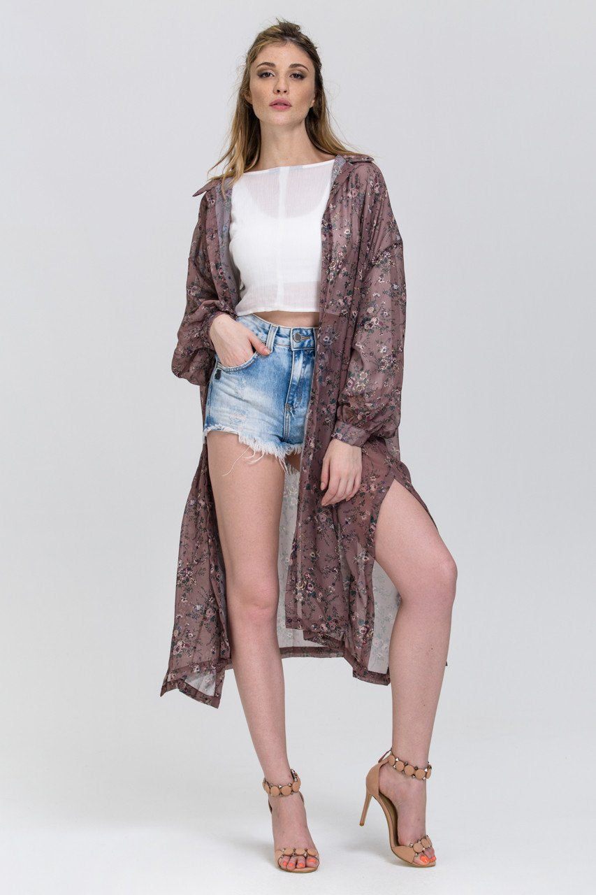 Brown Vintage Floral Print Sheer Shirt Robe Top - ownthelooks-Development