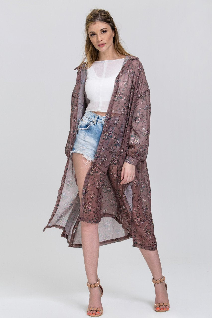 Brown Vintage Floral Print Sheer Shirt Robe Top - ownthelooks-Development