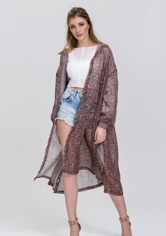 Brown Vintage Floral Print Sheer Shirt Robe Top - ownthelooks-Development