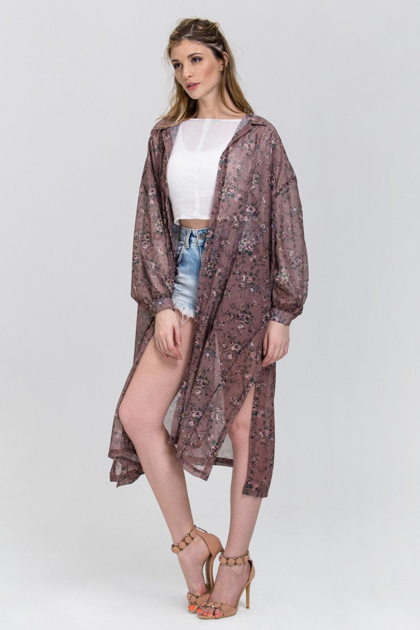 Brown Vintage Floral Print Sheer Shirt Robe Top - ownthelooks-Development