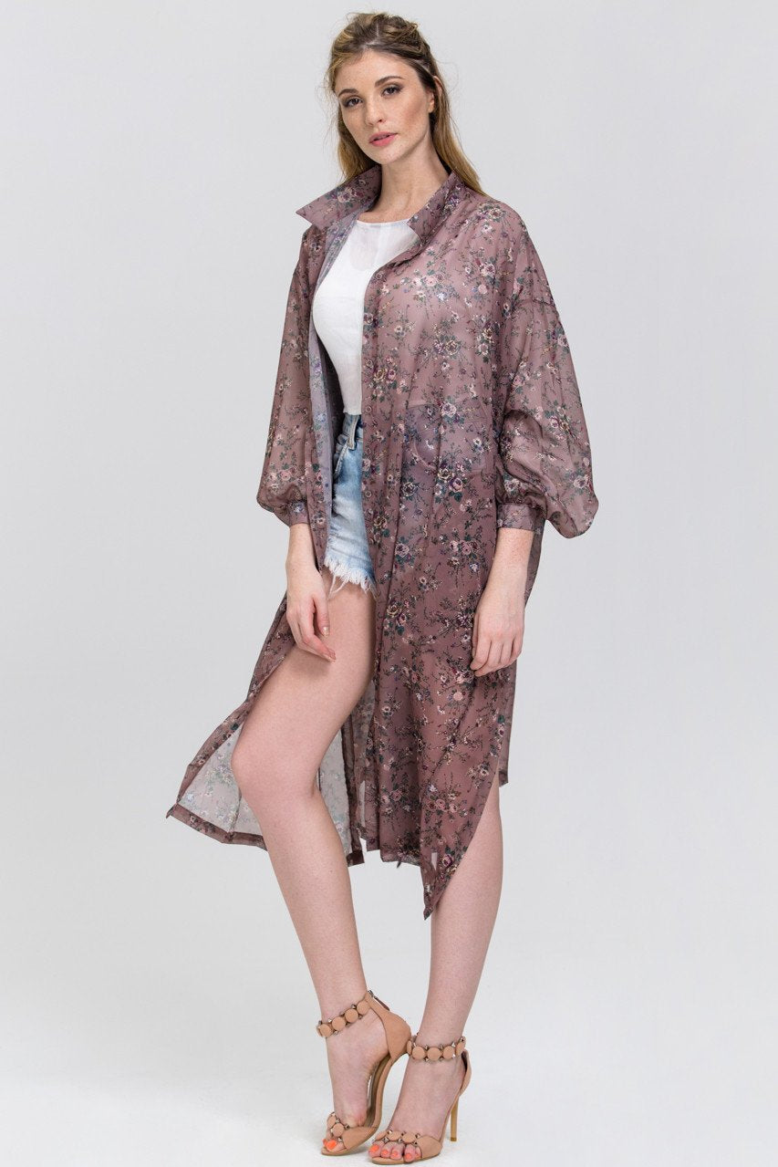 Brown Vintage Floral Print Sheer Shirt Robe Top - ownthelooks-Development