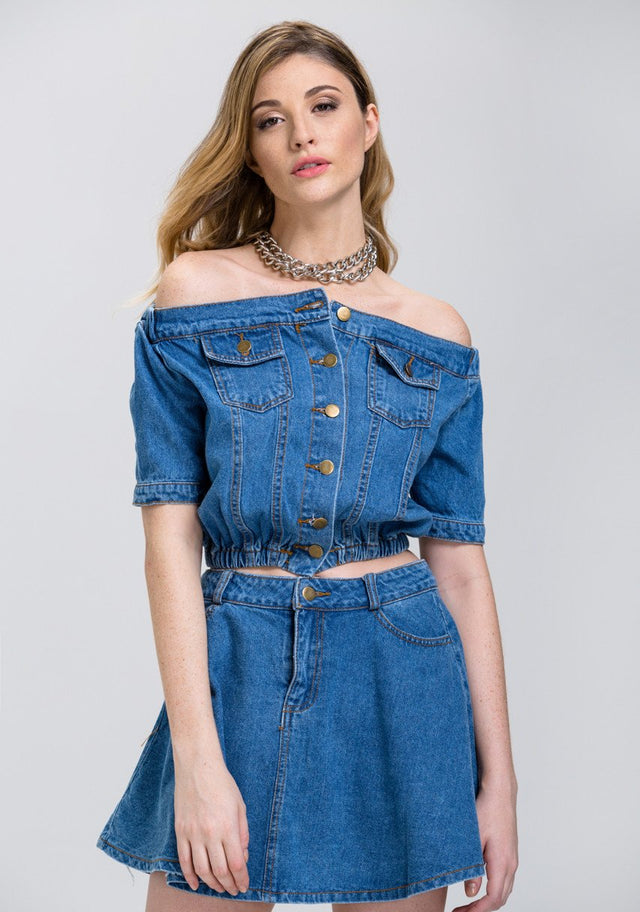 Denim Off the Shoulder Button Up Top and Mini Skirt Set - ownthelooks-Development