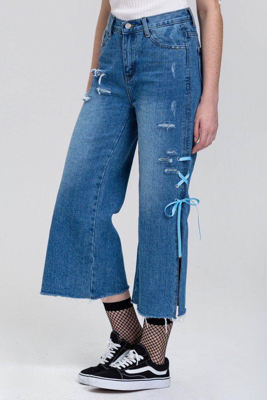 Distressed Side Slit Lace Cropped Palazzo Jeans - ownthelooks-Development