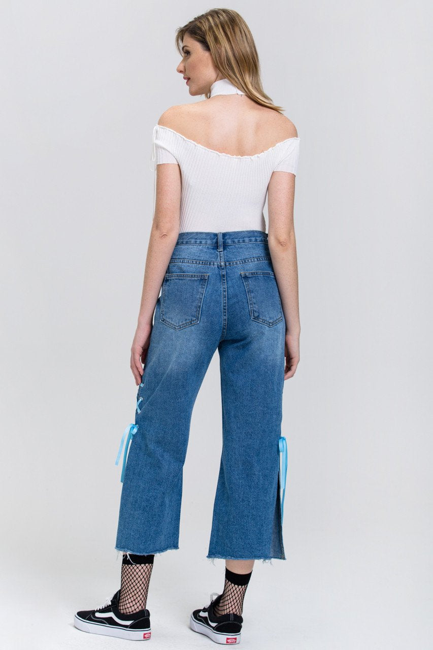 Distressed Side Slit Lace Cropped Palazzo Jeans - ownthelooks-Development