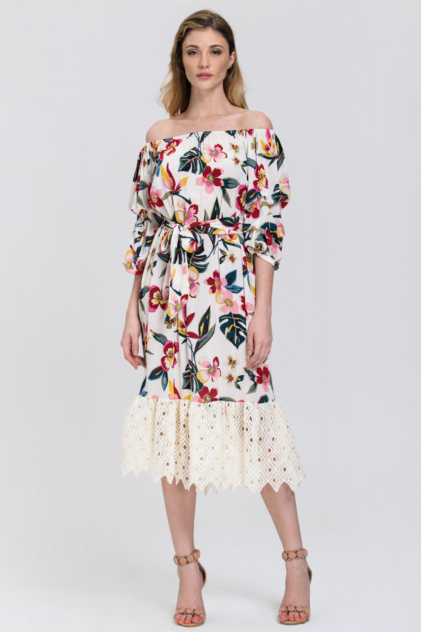 Mina Al Sheikhly - Floral Print Heavy Lace Skirt Trim Midi Dress - ownthelooks-Development