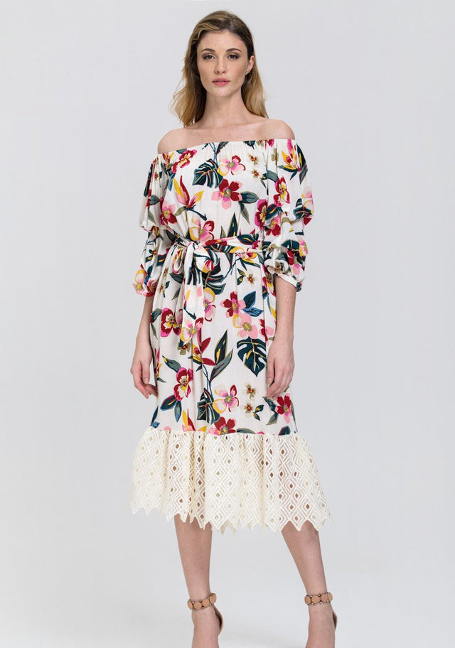 Mina Al Sheikhly - Floral Print Heavy Lace Skirt Trim Midi Dress - ownthelooks-Development