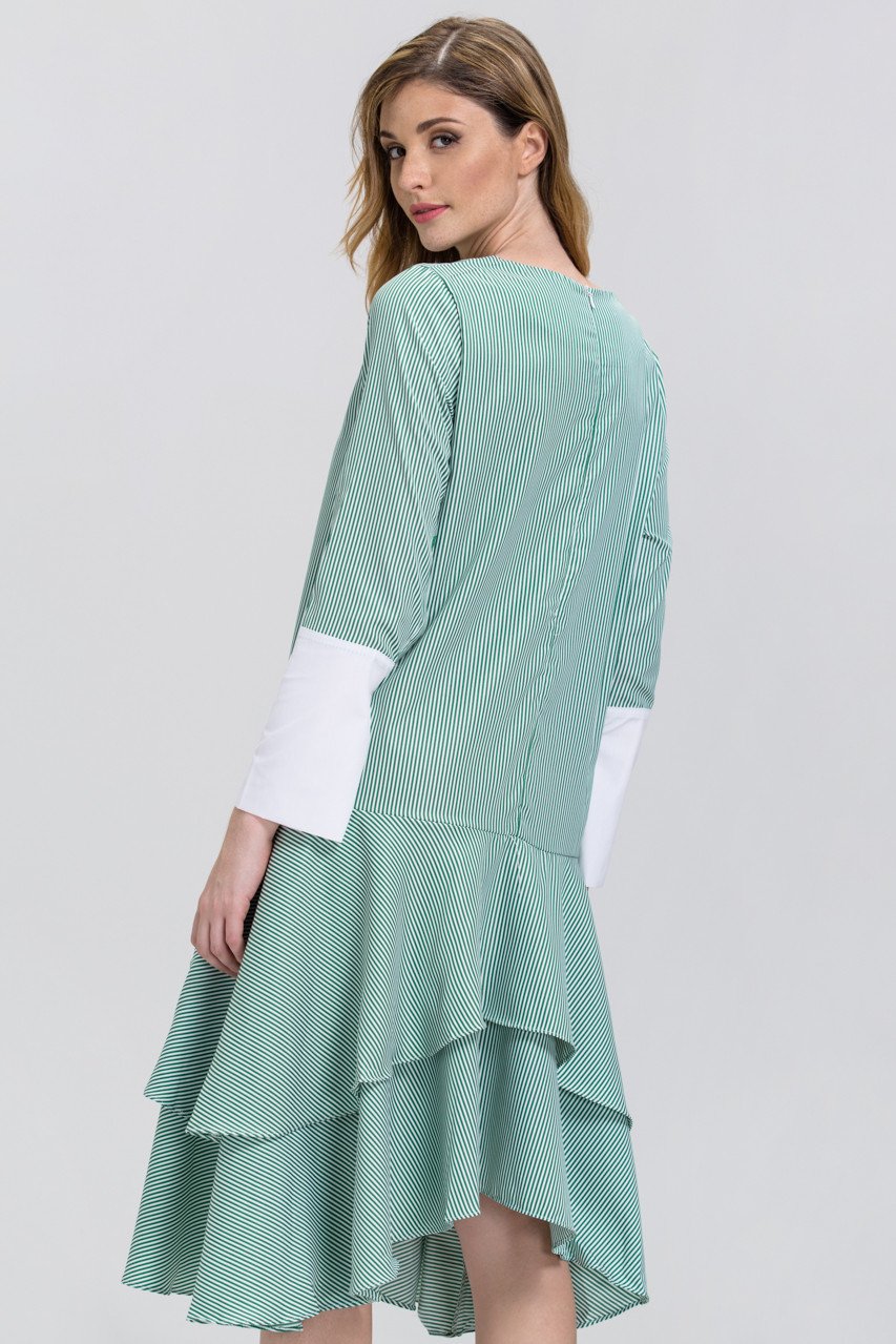 Green Candy Stripe Cuffed Sleeve Ruffle Skirt Midi Dress - ownthelooks-Development