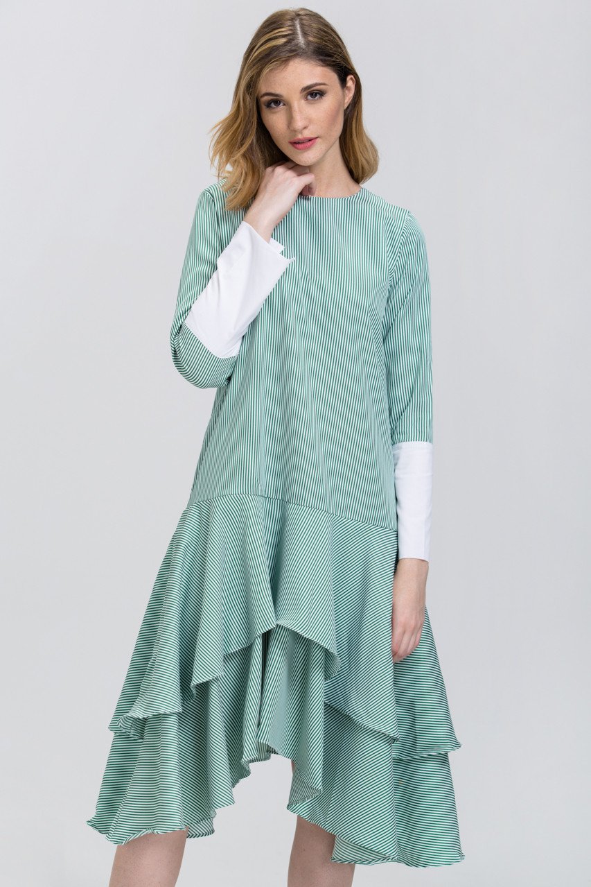 Green Candy Stripe Cuffed Sleeve Ruffle Skirt Midi Dress - ownthelooks-Development