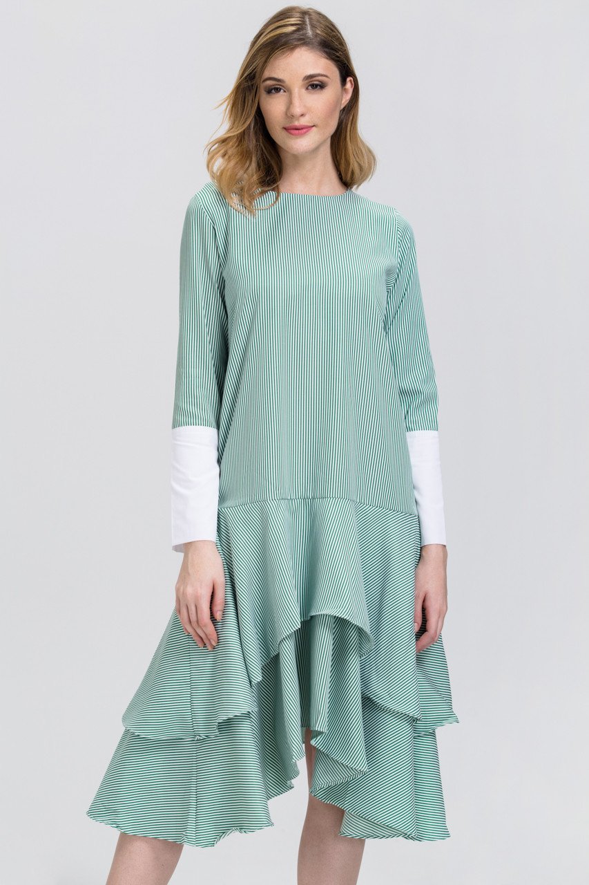 Green Candy Stripe Cuffed Sleeve Ruffle Skirt Midi Dress - ownthelooks-Development