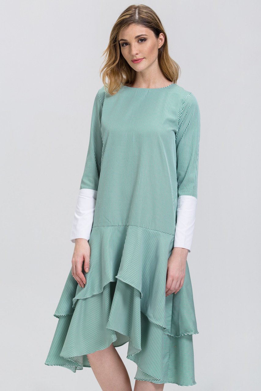 Green Candy Stripe Cuffed Sleeve Ruffle Skirt Midi Dress - ownthelooks-Development
