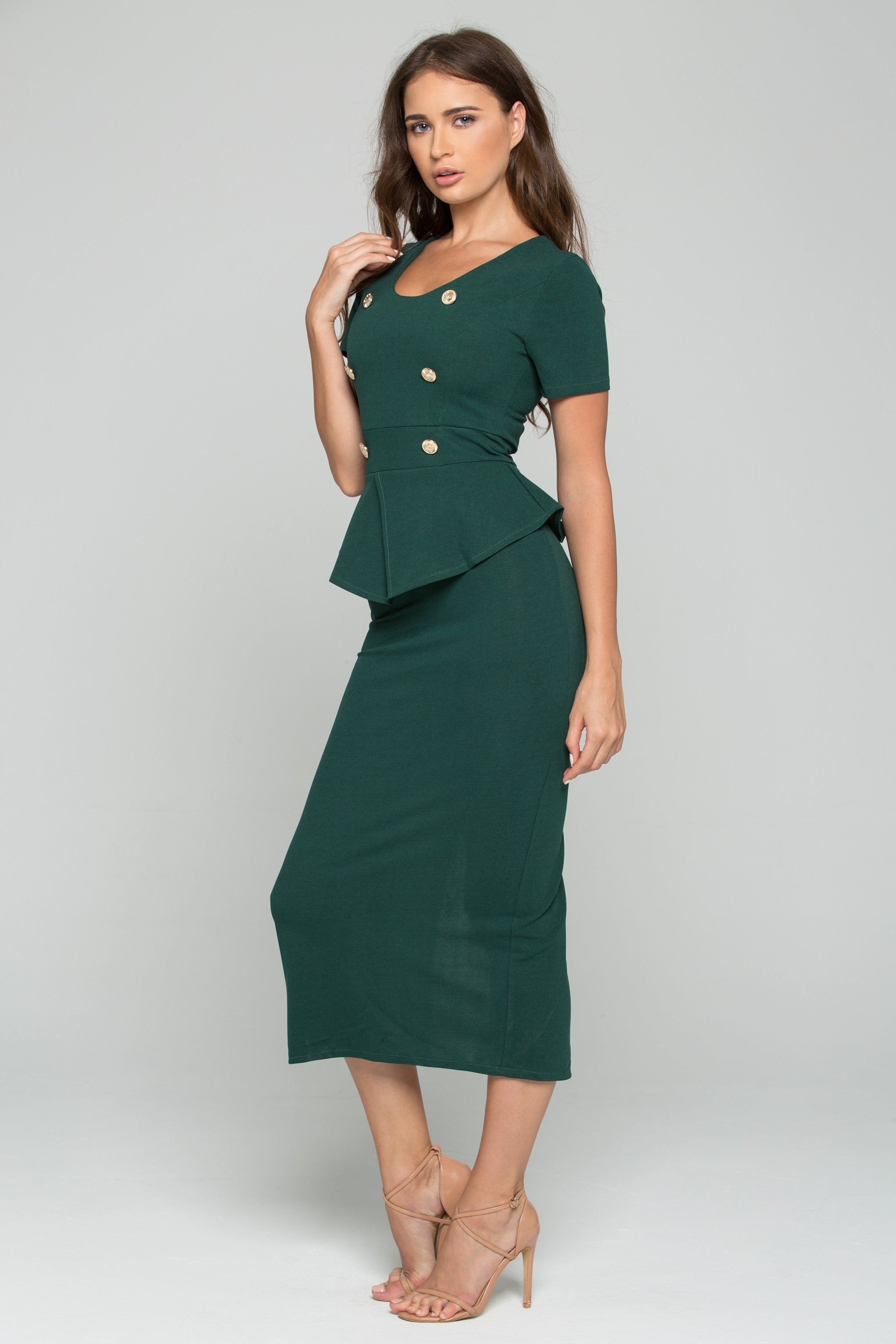 Hunter Green Sheath Peplum Short Sleeve Maxi Dress - ownthelooks-Development