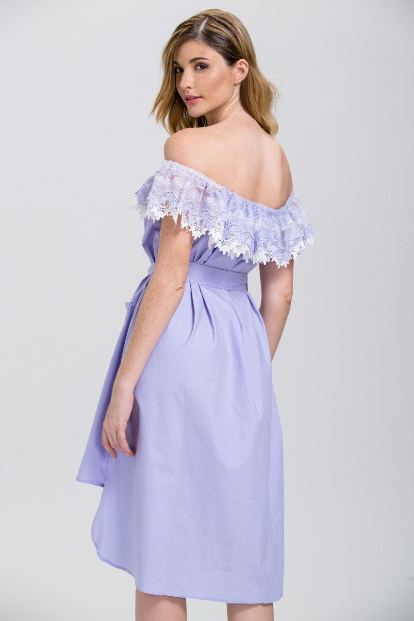 Lavender Lace Off the Shoulder Shirt Midi Dress - ownthelooks-Development