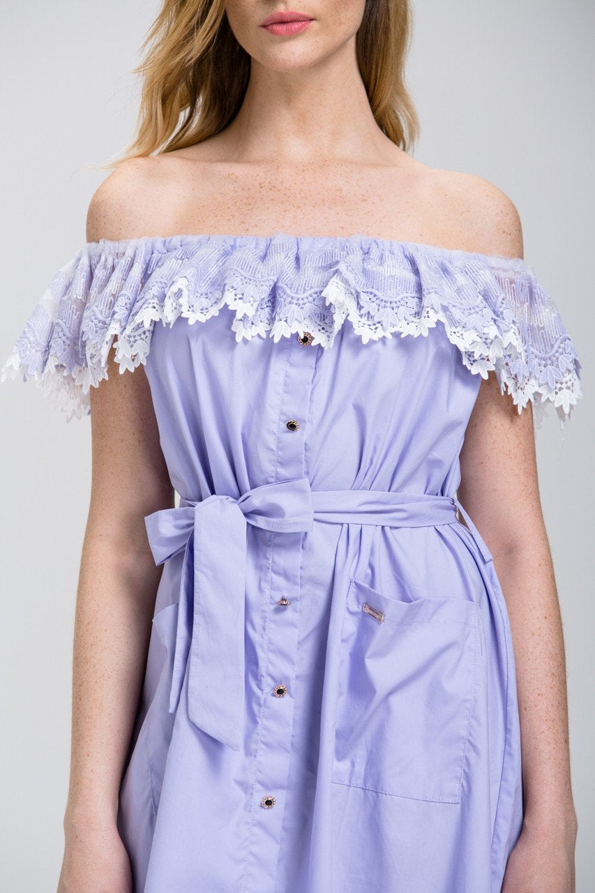 Lavender Lace Off the Shoulder Shirt Midi Dress - ownthelooks-Development