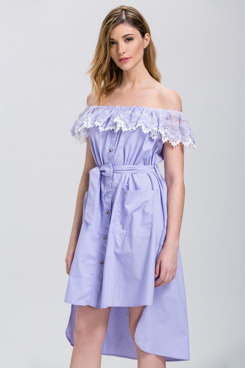 Lavender Lace Off the Shoulder Shirt Midi Dress - ownthelooks-Development