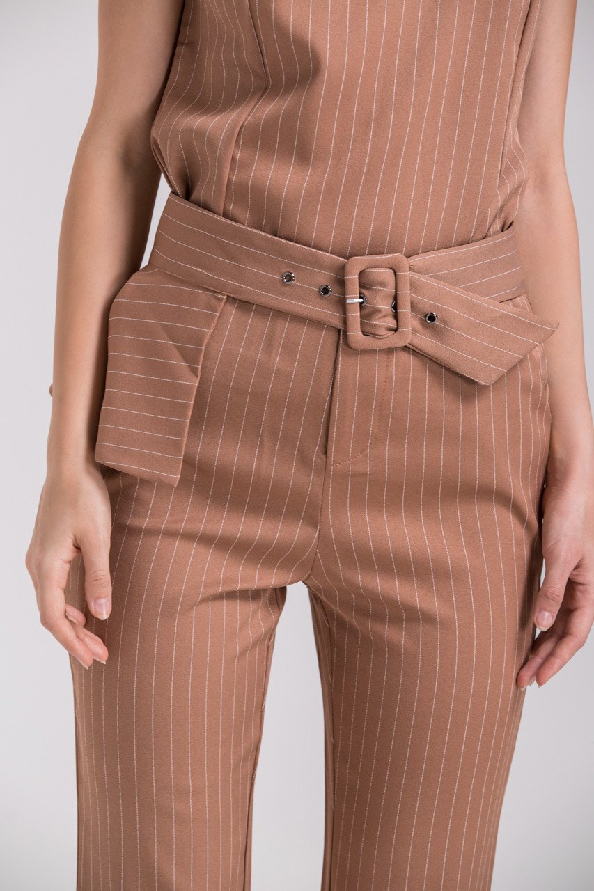 Mocha Pin Stripe Sleeveless Pantsuit Set - ownthelooks-Development