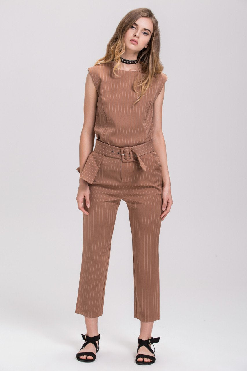 Mocha Pin Stripe Sleeveless Pantsuit Set - ownthelooks-Development