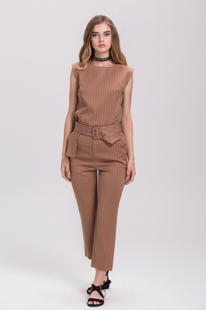 Mocha Pin Stripe Sleeveless Pantsuit Set - ownthelooks-Development