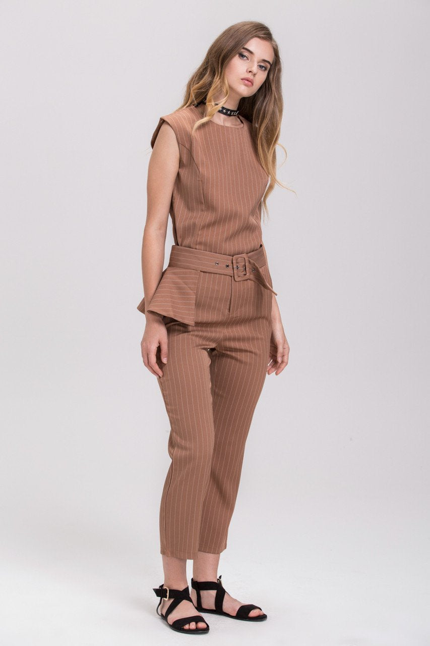 Mocha Pin Stripe Sleeveless Pantsuit Set - ownthelooks-Development