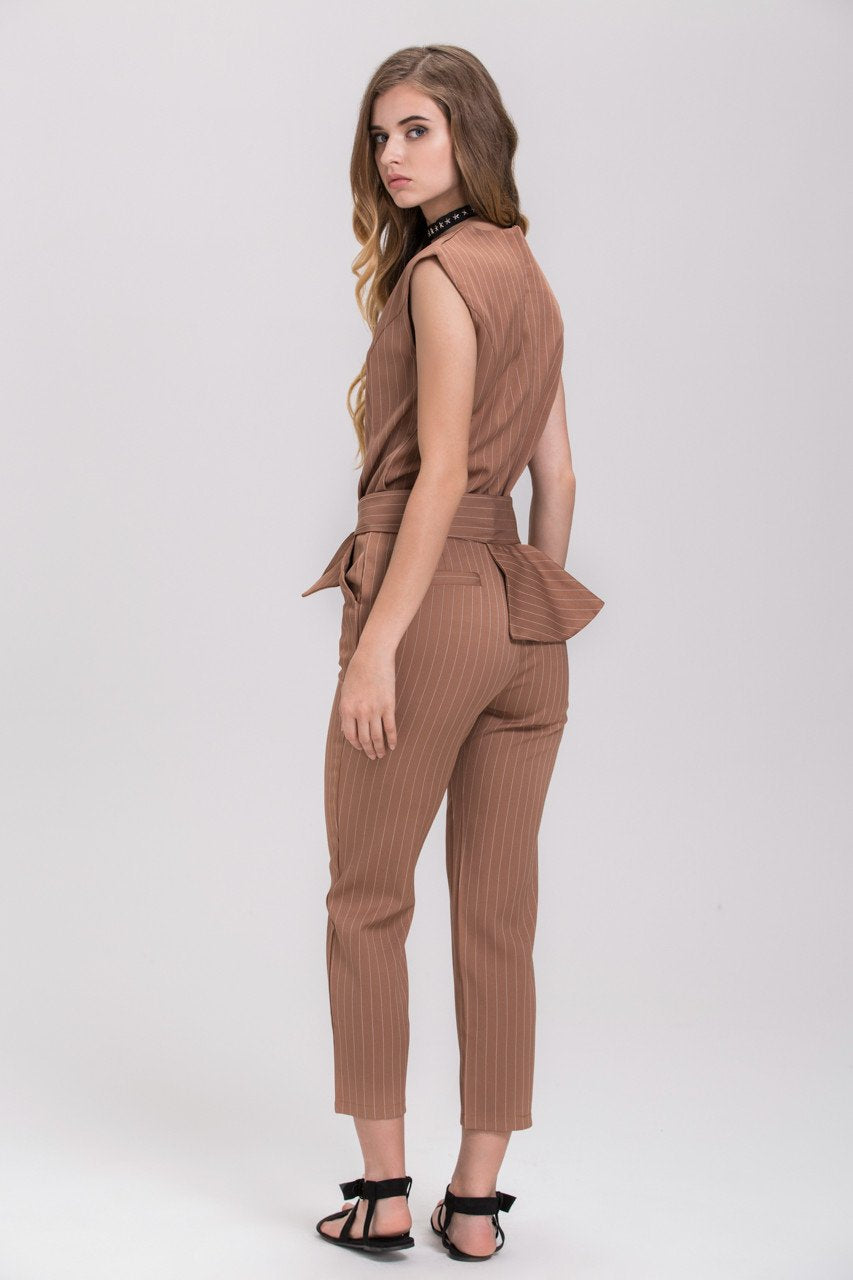 Mocha Pin Stripe Sleeveless Pantsuit Set - ownthelooks-Development